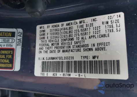 2014 Honda Cr-V Ex-L from USA, damaged, VIN 5J6RM4H75EL055239